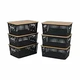 Relaxdays Aufbewahrungsbox, 6er Set, mit Deckel, Kunststoff & Bambus, Griffe, HBT: 10,5x25,5x18 cm, Organizer, schwarz