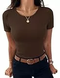 Aottori Damen T-Shirt Rundhals Elegant Oberteile Gerippt Stretch Tshirt Kurzarm Slim Fit Shirt Sexy Casual Basic Tops Braun S