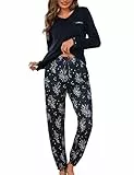 Jahetuul Schlafanzug Damen Langarm Pyjama Baumwolle lang Nachtwäsche Pyjamas Set Baumwolle Lounge Set Schlafanzüge für Damen Pyjamahose mit Bündchen