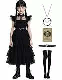 Mrsclaus Halloween Kostüm für Kinder Mädchen Kleid Schwarz Mittwoch Cosplay mit Strümpfe Halskette Skelettkopf Aufkleber Fasching Mottoparty Filmkostüm C039-120
