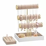 SONGMICS Schmuckhalter, Schmuckständer, 3 Armbandhalter, Schmuck-Organizer, mit Tablett aus Samt, abnehmbarer Ringhalter, wolkenweiß-kamelbraun JJS027A01
