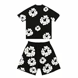 Herren T-Shirt und Shorts Set 2 Teiliges Sommer Trainingsanzug Jogginganzug Y2K Hip Hop Streetwear Kurzarm T-Shirts und Kurze Hose, Zweiteiler Herren Damen Blumen Motiv Outfits Sportanzug Schwarz S