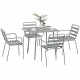 Outsunny 5 TLG. Sitzgruppe, Gartenmöbel-Set mit 1 Esstisch, 4 Stapelstühlen, Sitzgarnitur Gartengarnitur, für Balkon, Terrasse, Stahl, Hellgrau