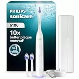 Philips Sonicare 6100 elektrische Zahnbürste, Schallzahnbürste mit 2 Putzmodi, 3 Intensitätsstufen, Andruckkontrolle, EasyStart, SmarTimer, Reiseetui, Weiß, Modell HX7400/02 [Neue Technologie]