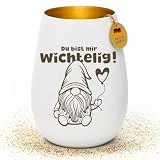 Windlicht Wichtel Motiv | Wichtelig Teelichthalter Glas mit Gravur „Du bist Mir wichtelig“ | Geschenkidee für Freunde & Familie | 12 x 8,5 cm | Pohmer Design (Weiß-Gold)