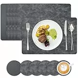 Homwiz Tischset Abwaschbar 6er Set, Doppelseitigen Tischsets Platzsets Abwaschbar, Platzdeckchen mit Untersetzer, Tischset Leder Optik, Platzset Leder Optik, Tischuntersetzer (Spacegrau+Dunkelgrau)