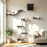 Zvonema Kletterwand Katzen, Katzen Wandelemente 10-teilig, Stabiler Holz Katzenwand, Bequem Plüsch Katzenmöbel, Kratzbaum Wand mit Katzenhaus, Brücke, Treppe, Kratzbrett, Katzenliege & Hängeball