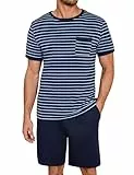 Jahetuul Schlafanzug Herren Kurz aus Baumwolle Sommer mit Kontraststreifen Design Pyjama Herren mit Rundhalsausschnitt Pyjama Herren Kurz für Vater und Partner
