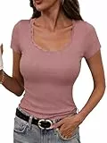 Terecey Basic T-Shirt Damen mit kurzen Ärmeln und Gerippt - Sommer Elegant Oberteile Damen Einfarbig Rundhals Sexy Tee, Lotuswurzel Rosa M