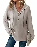 Tanmolo Pullover Damen Hoodie V-Ausschnitt Kapuzenpullover Knopfleiste Leichter Strickpullover Langarm Sweatshirt Tops Khaki-Melange, M