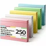 Koogel Karteikarten A6 liniert, 250 Stück in 5 Farben, Lernkarten für Notizen, Vokabeltraining, Prüfungsvorbereitung, School Supplies, 14,8 x 10,5 cm