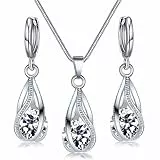 Hanaoops Schmuckset Damen Silber 925 Set Teardrop Cubic Zirkonia Kristall-Anhänger Halskette Ohrringe Sets Geschenk für Set Freundin Ehefrau am Valentinstag weiß