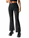 GORGLITTER Festival Outfit Damen Rave Transparent Mesh Hose Party Hose Glitzer Schlaghose Sexy Hosen Tanzhose Techno Outfit Hosen Sommer Schwarz Schwarz L