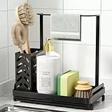 Kitsure Küchen Organizer - Spülbecken Organizer aus Edelstahl, Multifunktionaler Organizer Küchen mit Abnehmbarer Auffangwanne, Schwammhalter Küche, 22.0cm x 13.6cm x 22.7cm, Schwarz