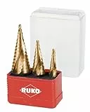 RUKO Stufenbohrer HSS-TiN, spiralgenutet mit Kreuzanschliff, Hochleistungs-Schnellarbeitsstahl, Titan-Nitrid-Beschichtung, 3-teilig