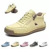 Damen Handgefertigt Weiches Leder Hohe Stiefel Outdoor Beck Schuhe Wasserdicht Rutschfest Allwetter Ultra-bequemer Barfußschuhe Reißverschluss Retro Wanderschuhe Orthopädische Sneakers(Yellow,40 EU)
