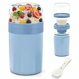 IJIAMY Müslibecher to Go, Premium Qualitat Joghurtbecher to Go Kinder mit Löffel 520ML+250ML, Auslaufsicher Müsli to go Becher mit Soßenbox, Müslischale (Blau)