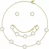 XIWCAFC Vierblättriges Kleeblatt Schmuckset für Damen und Mädchen 18 Karat Vergoldet Edelstahl Zweiseitig Anhänger Halskette Ohrstecker Armband Schmuck Set für Jewelry Geschenk Geburtstag (Weiß)
