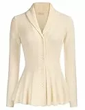 Belle Poque Damen Strickcardigan Langarm Strickjacke Casual Elegant Reverskragen mit Knopf Rüschensaum Elfenbeinweiß S