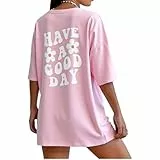 T-Shirt Damen Baumwolle Kurzarm Oversized Tshirt Sommer Oberteile Rundhals Bedrucken Tops Casual Lose Tunika Bluse Tee Teenager Shirts (DE/NL/SE/PL, Alphanumerisch, XL, Regular, Regular, Pink)