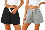 Sykooria Schlafanzughose Damen Kurz Pyjamahose Sporthose Kurz Sommer High Waist Kurze Hosen Nachtwäsche Shorts aus Baumwolle mit Taschen für Schlaf Sport Yoga, Schwarz+Grau, S