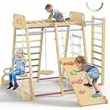 SOFTHOM Maxi Klettergerüst Indoor, Montessori Kinder Klettergerüst, 10-in-1 Holz Spielplatz für Kinder ab 1 Jahr mit Rutsche, kletterwand und Schaukeln, Kletterturm, Indoor-Spielplatz, Regenbogen