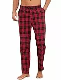 Litherday Schlafanzughose Herren Lang Kariert Pyjamahose 100% Baumwolle Nachtwäsche hose mit 2 Taschen, Rot+schwarz, M