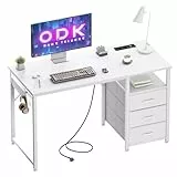 ODK Schreibtisch mit 3 Schubladen aus Stoff, 120x48x75,5 cm Computertisch mit 2 Steckdosen und USB-Buchsen, Umkehrbarer PC Tisch Bürotisch für Home Office, Weiß