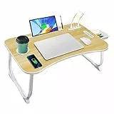 AirOpen Laptoptisch fürs Bett, Betttisch Klappbar mit 4 USB Ladeanschluss, Schublade, Tablet Ständer, Getränkehalter, Tragegriff, Laptop Tisch für Bett, Sofa, Couch, Boden (60 x 40 cm, Holzfarbe)
