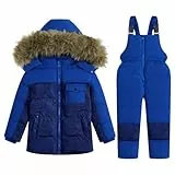 Kinder Daunenjacke Schneeanzug mit Künstliches Fell Kaputze Bekleidungsset Mädchen Jungen Verdickte Winterjacke + Skihose Daunenhose Kinderskianzug, Blau 3-4 Jahre