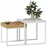 HOMCOM Couchtisch 2er Set Satztisch Quadratischer Beistelltisch mit Abnehmbarem Tablett, Stahlgestell Wohnzimmertisch Kaffeetisch Sofatisch für Wohnzimmer Schlafzimmer, Weiß+Eiche