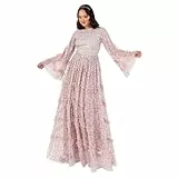 Maya Deluxe Damen Women's Maxi Ladies Modest Round Neck Long Bell Sleeve Sequin Embellished Tiered Ruffle A-line Bridesmaid Prom Dress, Frosted Pink, 46 EU