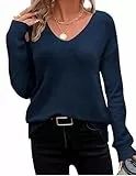 Zeagoo Damen Pullover V-Ausschnitt Strickpullover Langarm Sweater Elegant Häkelpullover Locker Strickpulli Oberteile für Herbst Winter Navy Blau L