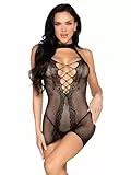 Leg Avenue Damen Mini Kleid, Schwarz, Einheitsgröße, Partykleid, Nylon, Gepunktet, Neckholder, Schnürung