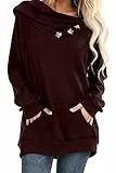 Ancapelion Damen Casual Langarm Hoodies Pullover Einfarbig Strick Tops Pullover Sweater mit Knopftasche Gr. L, burgunderfarben