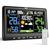 LIORQUE Wetterstation Funk mit 1 Außensensor Innen und Außen Funkwetterstation Digital Thermometer Hygrometer mit Wettervorhersage DCF-Funkuhr Weather Station für Zuhause Büro Hausgarten