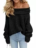 Saodimallsu Damen Pullover Schulterfrei Langarm Strickpullover Lose Grobstrick Jumper Sweater Einfarbig Casual Winter Pulli Schwarz M