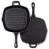 Chefarone Gusseisen Grillpfanne 25,5 cm – Bratpfanne & Servierpfanne emailliert mit Ausgießnasen – Steakpfanne für Kochliebhaber, geeignet für Induktion, Gas, Ceran & Backofen