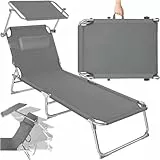 tectake® Sonnenliege mit Dach, Strandliege klappbar, leichte Gartenliege, Outdoor Liegestuhl mit Verstellbarer Rückenlehne, inkl. Kopfkissen - ideal für Balkon, Terrasse, Camping, Strand - grau