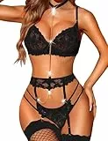 RSLOVE Damen Dessous Set Spitzen Unterwäsche Sexy Reizwäsche mit Strapsen BH und G-String mit Strumpfgürteln 3 Teilige Schwarz M