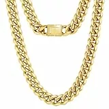 KRKC&CO 12mm Panzerkette 18K Gold Plattiert Cuban Link Chain Edelstahl Herren Miami Kubanische Gliederkette Hip Hop Halskette für Männer Jungen Größe 56cm