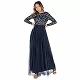 Maya Deluxe Damen Maya Deluxe Navy Embellished Long Sleeve Maxi Bridesmaid Dress, Navy, 44 EU 16 UK