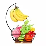 Livabber Arbeitsplatte Obstkorb Schüssel mit Bananenaufhänger, moderne stehende Obst-Gemüseschale Aufbewahrung, mit Bananenbaumhalter für Küche Esstisch (quadratisches Holz, Schwarz)
