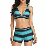 GOTOTOP Damen-Badeanzüge mit Hoher Taille und Shorts, Gestreifter Badeanzug, Neckholder-Bikini, Zweiteilige Badeanzüge(M-Grün)