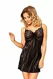 Kalimo Damen Corfu Einteiliger Pyjama | Farbe: Schwarz | Größe: XXL | Material: Polyester, Elasthan | Satin | Petticoat mit Spitze | Mitte des Oberschenkels | Schlafanzug, Nachthemd, Nachtwäsche
