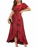 Berylove Damen Glitzer Abendkleid Lang Mit Ärmeln Luxus Ballkleid Elegantes Festkleid Für Jugendweihe Abiball 007 Red M