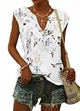 PLOKNRD T-Shirt Damen Sommer V-Ausschnitt Tops Kurzarm Blusen Locker Oberteile Freizeit und Elegant(Weiße Blumen,2XL)