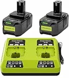 2 Stück 8,0Ah Akku für Ryobi mit 6A Dual-Port-Ladegerät, 18V Li-Ion Ersatzakku für Ryobi ONE+ Akku RB18L40 RB18L25 RB18L15 P102 P103 P104 P105 P106 P107 P108