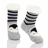 Durio Kindersocken für Mädchen und Jungen Wintersocken Weich Flauschig Warm Dick Kuschelsocken Thermosocken Haussocken Bodensocken für Kinder Schwarz-Grau Pinguin 6-8 Jahre