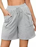 Aottori Shorts Damen Sommer Sporthose Kurz Baumwolle Laufshorts Lockere Sweathose High Waist Jogginghose mit Taschen und Kordelzug für Sport Fitness Running Gym Hellgrau XL